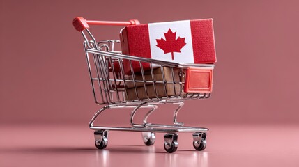 A small shopping cart holds brown packages. A Canadian flag sits atop. Pink studio background