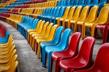 Obraz premium Colorful empty stadium seats in rows: red, yellow, blue plastic chairs outdoors