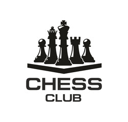Chess game strategy championship monochrome icon or sign. Business strategy emblem, chessboard contest vector symbol. Chess sport club icon with pawn, queen, king, rook and bishop on board platform © Seavector