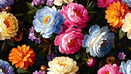 Vibrant Floral Pattern with Colorful Peonies, Dahlias, and Assorted Blooms on Dark Background