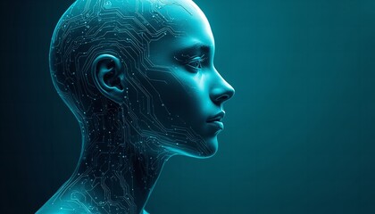 A futuristic digital illustration of a human head with circuit board patterns and a blue glow