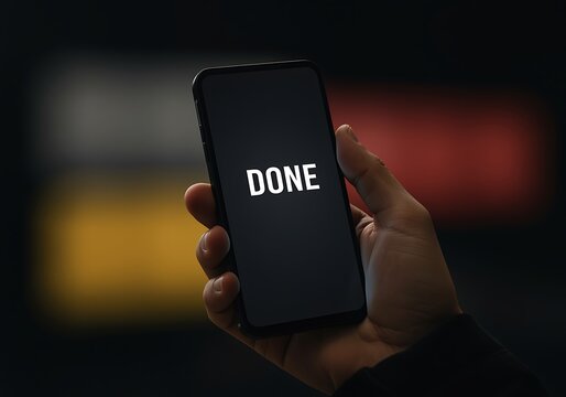 person holding smartphone with done text on screen