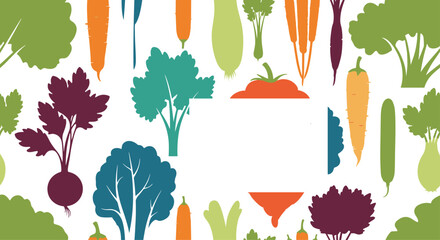 Colorful seamless pattern of various vegetable silhouettes with a blank rectangular frame for custom text or headings.