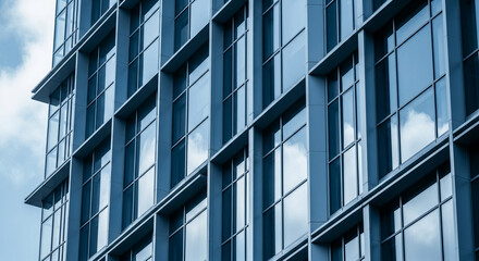 Close-up of modern building facade with grid of blue windows reflecting sky, showcasing architectural design and urban style, ideal for corporate branding or real estate