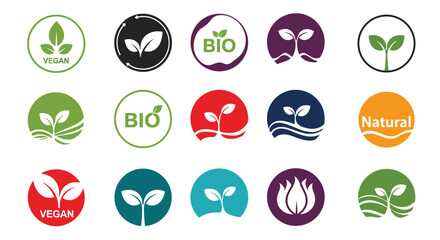 Diverse collection of fifteen green and colorful icons for vegan, bio, and natural products featuring leaf and sprout symbols in circle designs.