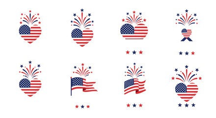 Collection of eight patriotic American flag themed icons including hearts and banners with festive firework displays for independence day.