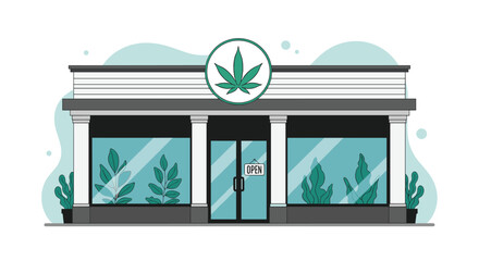 Obraz premium Modern cannabis dispensary storefront illustration with large glass windows and a green marijuana leaf sign in a clean urban setting.