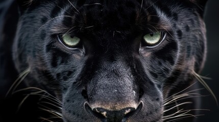 Close-up of a black panther with striking green eyes. The panther's fur is sleek and dark, showcasing its powerful features and intense gaze.