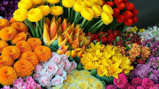 Beautiful floral arrangements with various types of flowers, A vibrant display of floral arrangements featuring a variety of colorful flowers in an elegant setting