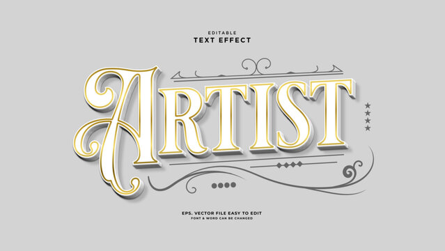 Elegant 3D Artist text effect with gold outline and calligraphy flourishes on gray background  editable vector
