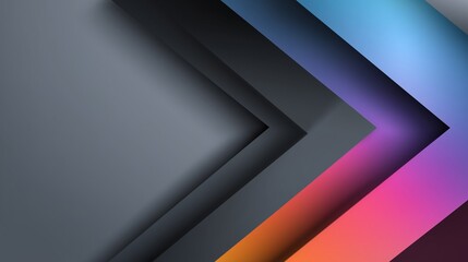 Obraz premium Abstract background with overlapping chevrons or V-shapes moving right, featuring gradients from dark grey to vibrant pink, orange, and blue, with sharp shadows