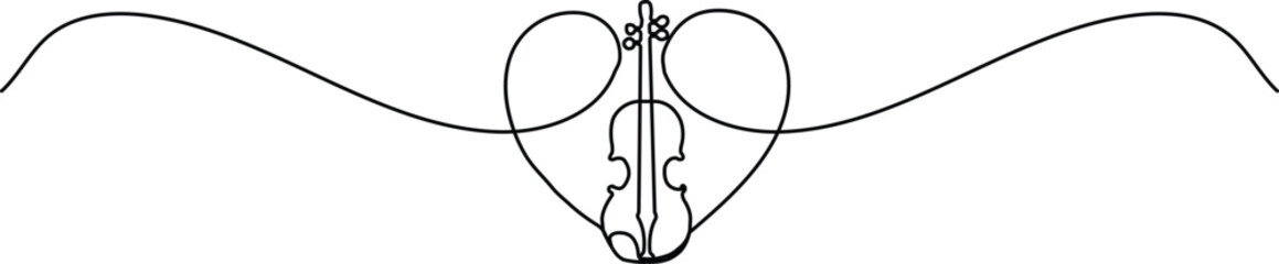 Minimalist one-line art of a violin outline forming a heart shape, perfect for music logos, romantic wedding invitations, and elegant web design.