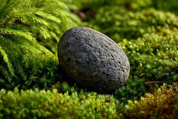 Smooth gray stone on vibrant green moss in a natural forest setting