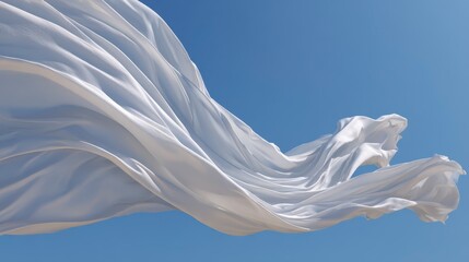 A white, flowing fabric billows and dances against a vast blue sky. The sunlight enhances the folds, giving it a soft, airy feel