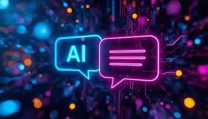A vibrant neon illustration of AI chatbots communicating in a futuristic digital environment with colorful circuit boards and glowing dots.