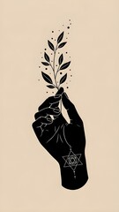 Minimalist Boho Hand Holding Leaf Spiritual Nature Illustration