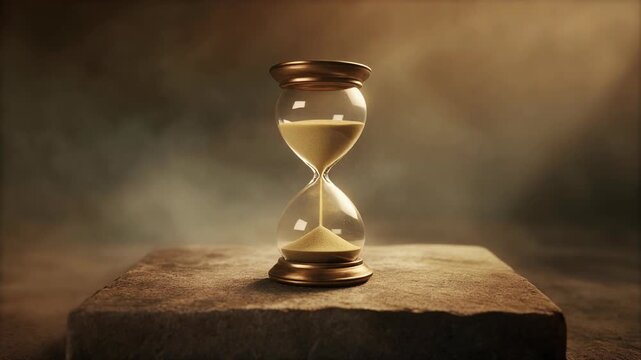 Hourglass on a rugged stone ledge symbolizing fleeting time and patience