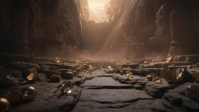 Ancient forgotten cavern pathway illuminated by ethereal light streams revealing scattered piles of glittering gold coins and massive precious jewels creating a treasure trove scene