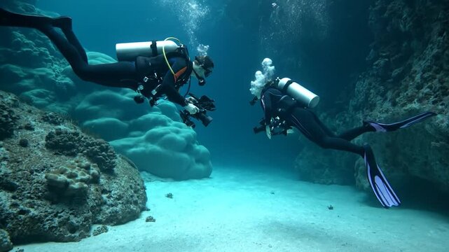 Two divers explore a coral reef, one capturing images with a camera