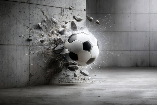 Dynamic soccer ball crashing through concrete wall in motion