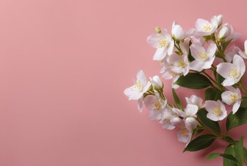 Fototapeta premium White Flowers with Yellow Centers and Green Leaves on Pink Background for Elegant Spring Floral Design