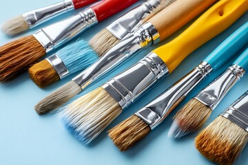 Fototapeta premium Variety of paintbrushes on light blue background