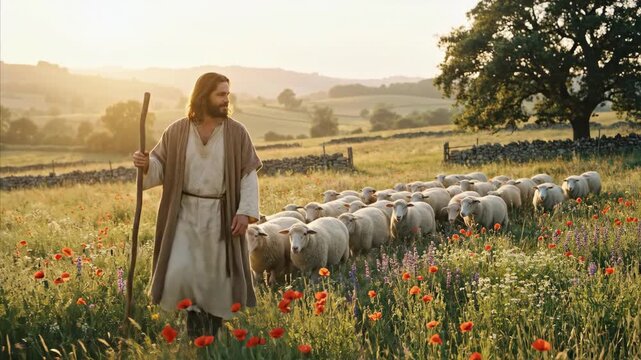 Caucasian man Jesus Christ as good shepherd leading flock of sheep through sunny field of wildflowers