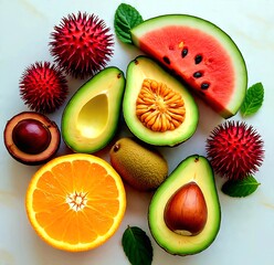 Top view of exotic sliced fruits and mint leaves arranged on a marble surface
