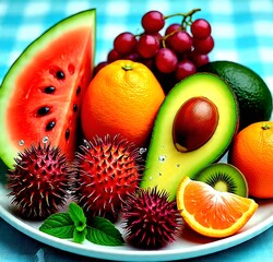 High angle view of assorted healthy fruits including avocado, watermelon, strawberry, and kiwi on a white plate