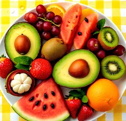 Fresh sliced tropical fruits platter on a yellow checkered tablecloth