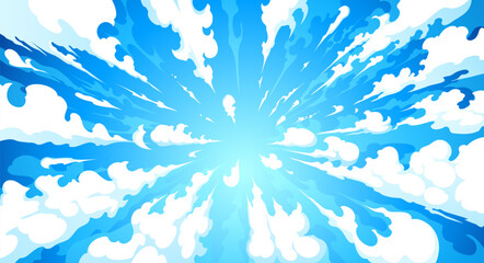 Anime manga blue sky background with white clouds stretch out in all directions, cartoon vector. Anime manga sky with summer sunlight and clouds high above view or fly through clouds effect background © Seavector