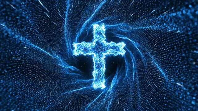 Glowing christian cross moving through electric blue particle tunnel. Abstract spiritual symbol for religion and faith.