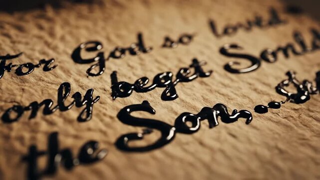 Unveiling of the phrase For God so loved and the formation of a cross in black ink on aged parchment paper