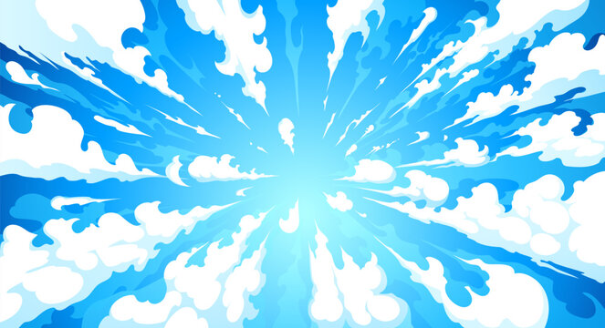 Anime manga blue sky background with white clouds stretch out in all directions, cartoon vector. Anime manga sky with summer sunlight and clouds high above view or fly through clouds effect background