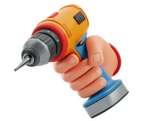 Cartoon Hand Holding Yellow and Blue Power Drill tool isolated on a transparent background