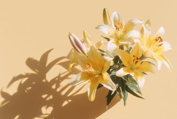 Yellow Lilies in Bloom with Shadows on Beige Background for Elegant Botanical Floral Design
