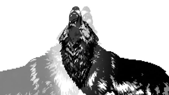 Black and white illustration of a wolf howling, pixelated. Rendered in grayscale