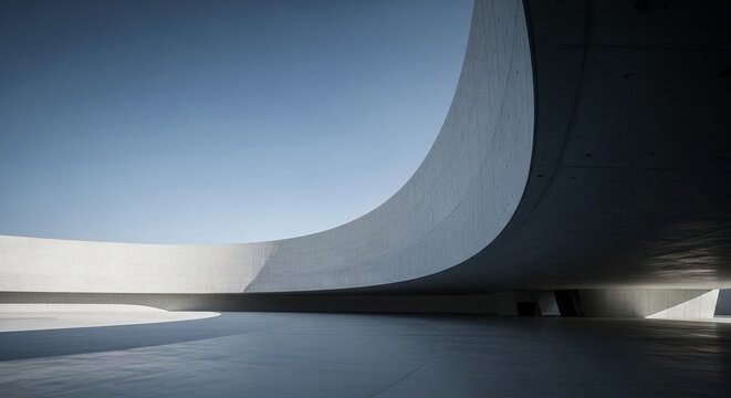 Curved concrete structure, minimalist design, showcasing expansive empty space, symbolizing modern architecture, serenity, and potential