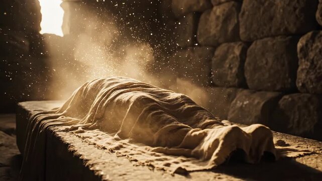 Jesus Christ body covered in linen cloths on stone slab, with shimmering dust from open tomb light. Resurrection, Easter miracle, and religious story.