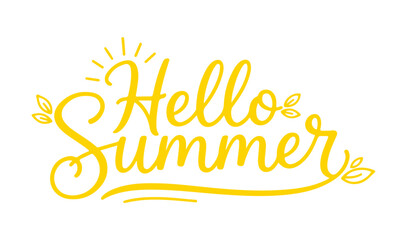 Fototapeta premium Hello Summer decorative handwritten logo with sun and leaves, Clean flat vector illustration, custom hand-drawn lettering, fully editable.