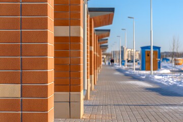 Snowy urban walkway with modern brick columns and blue skies