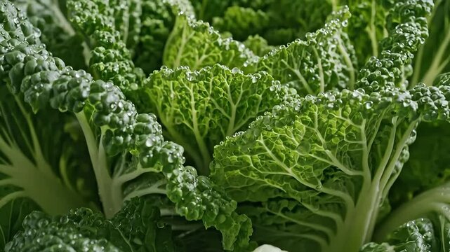 Closeup of fresh green savoy cabbage leaves with water droplets healthy vegetable background.