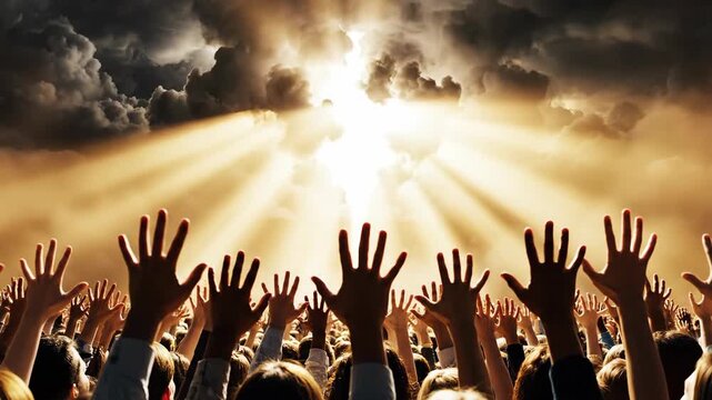 Crowd of people raising hands to bright light in stormy sky. Spiritual worship and religious devotion concept.
