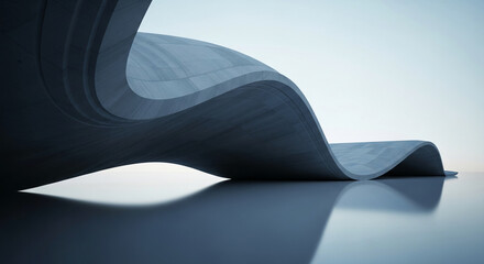 Abstract image of a gray, curved architectural form, reflecting on a smooth surface, showcasing modern design and minimalist aesthetics, ideal for architectural or design backgrounds