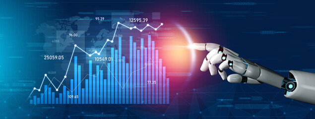 A robotic hand interacts with a digital financial chart, showcasing the trends and enhancements in data analytics and technology role in economic growth. Scalp