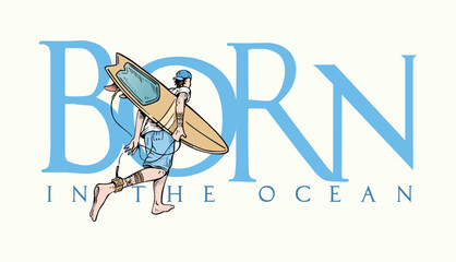 Illustration of a surfer running towards the waves, composed with background text.