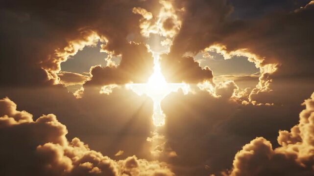 Bright light revealing cross shape through clouds, sun rays shining, religious concept for inspiration.