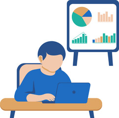 Business illustration of data analysis. Flat vector illustration showing a person analyzing charts and graphs, business productivity