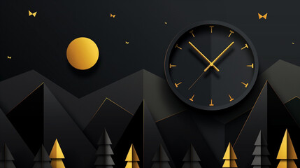 Stylish modern clock against a dramatic black mountain landscape with golden accents