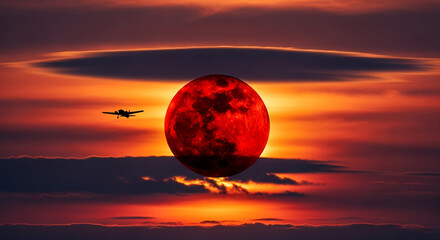Silhouette of airplane against large red moon and fiery sunset sky, evoking themes of travel, adventure, and the surreal